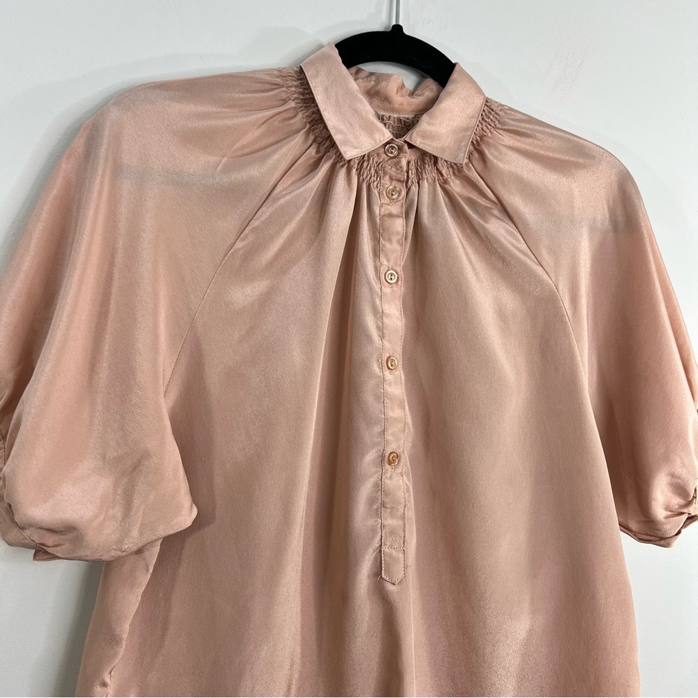 Vintage blush pink silky short puff sleeve smocked old money blouse S - Picture 6 of 13
